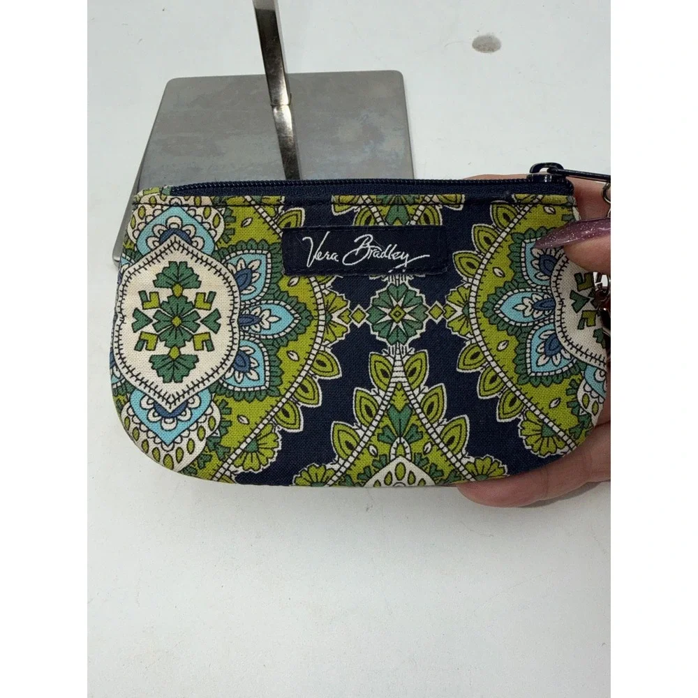 Vera Bradley Zip ID Case Provencal Blue Green Floral Paisley Keychain Wallet